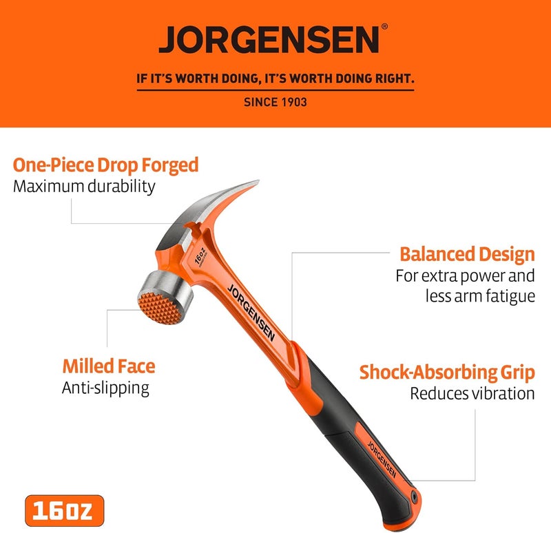 Jorgensen 16 oz Straight Claw Hammer, Rip Claw Hammer with Milled Face & Shock Absorbing Grip, Heavy Duty One-piece Forged Hammer - Image 3